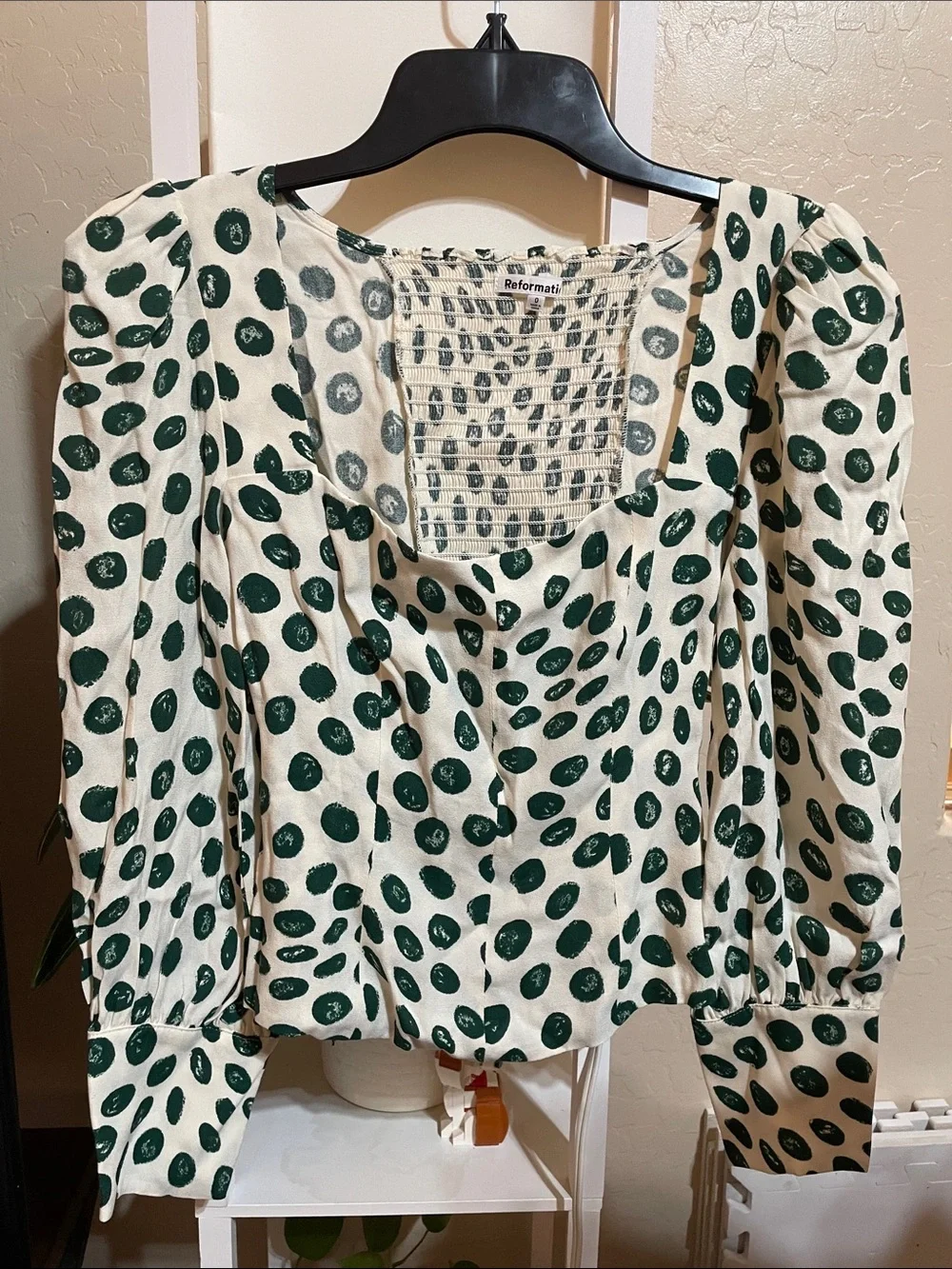 Reformation Cream Blouse with Green Polka Dots